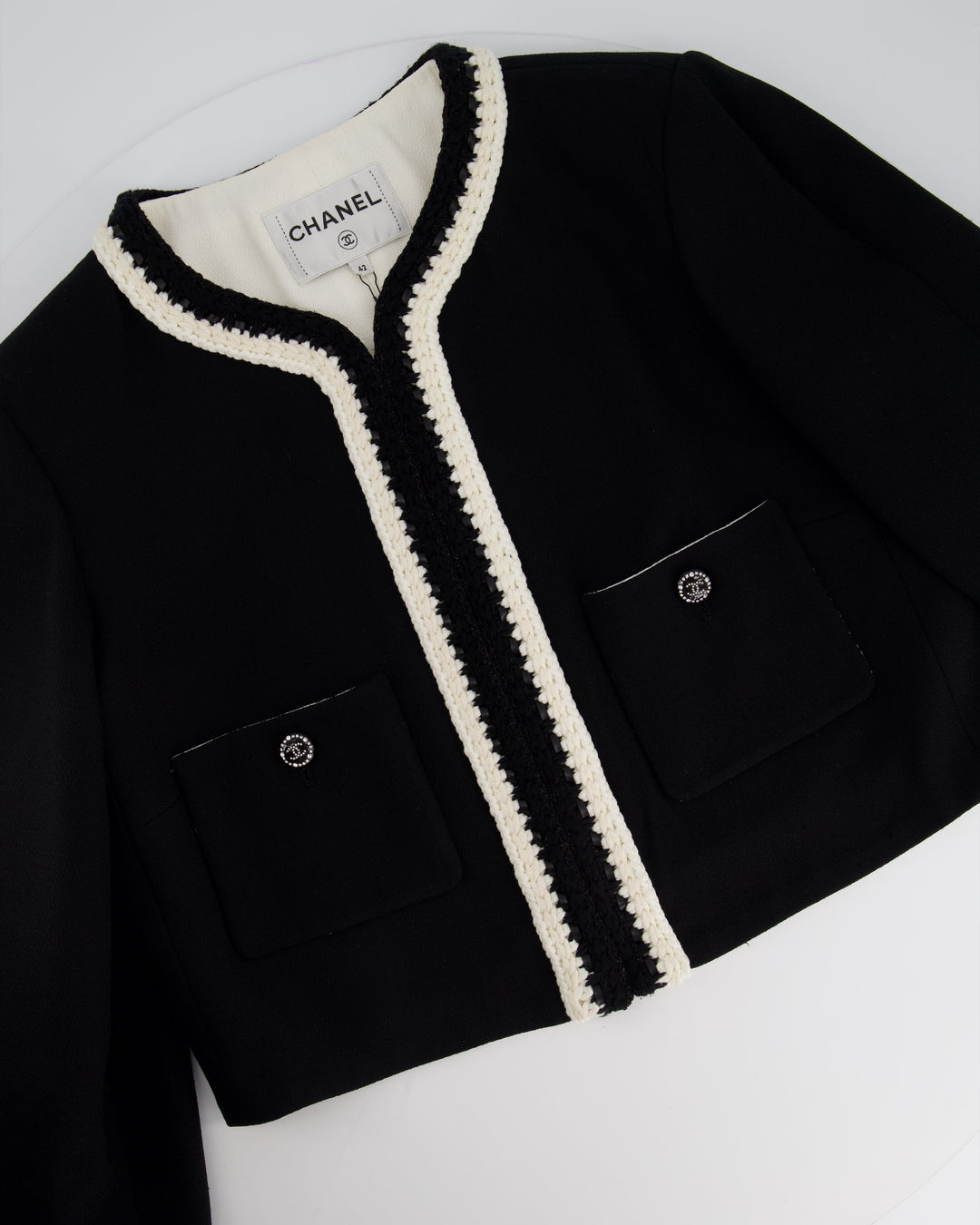 *SUPER HOT* Top Quality Chanel 22C Black, White Metallic Tweed Trim Silk Jacket and Wide-Leg Trouser Set with Crystal CC Logo Detail Size FR 42-44 (UK 14-16) Jacket RRP ¬£5,420