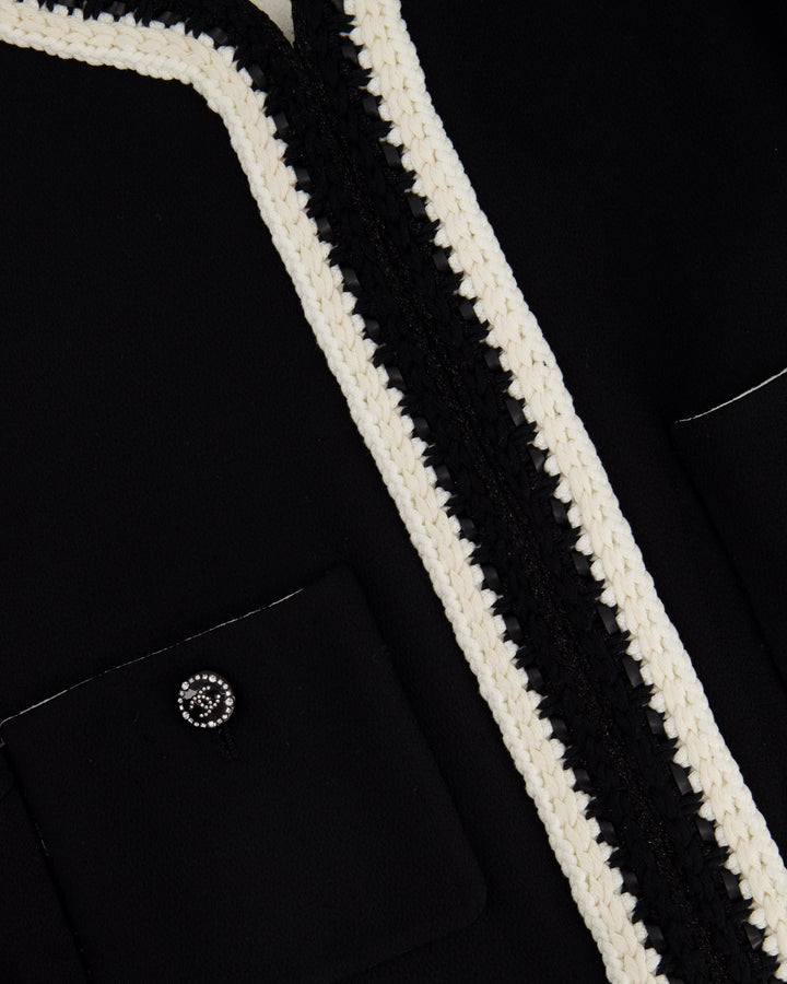 *SUPER HOT* Top Quality Chanel 22C Black, White Metallic Tweed Trim Silk Jacket and Wide-Leg Trouser Set with Crystal CC Logo Detail Size FR 42-44 (UK 14-16) Jacket RRP ¬£5,420