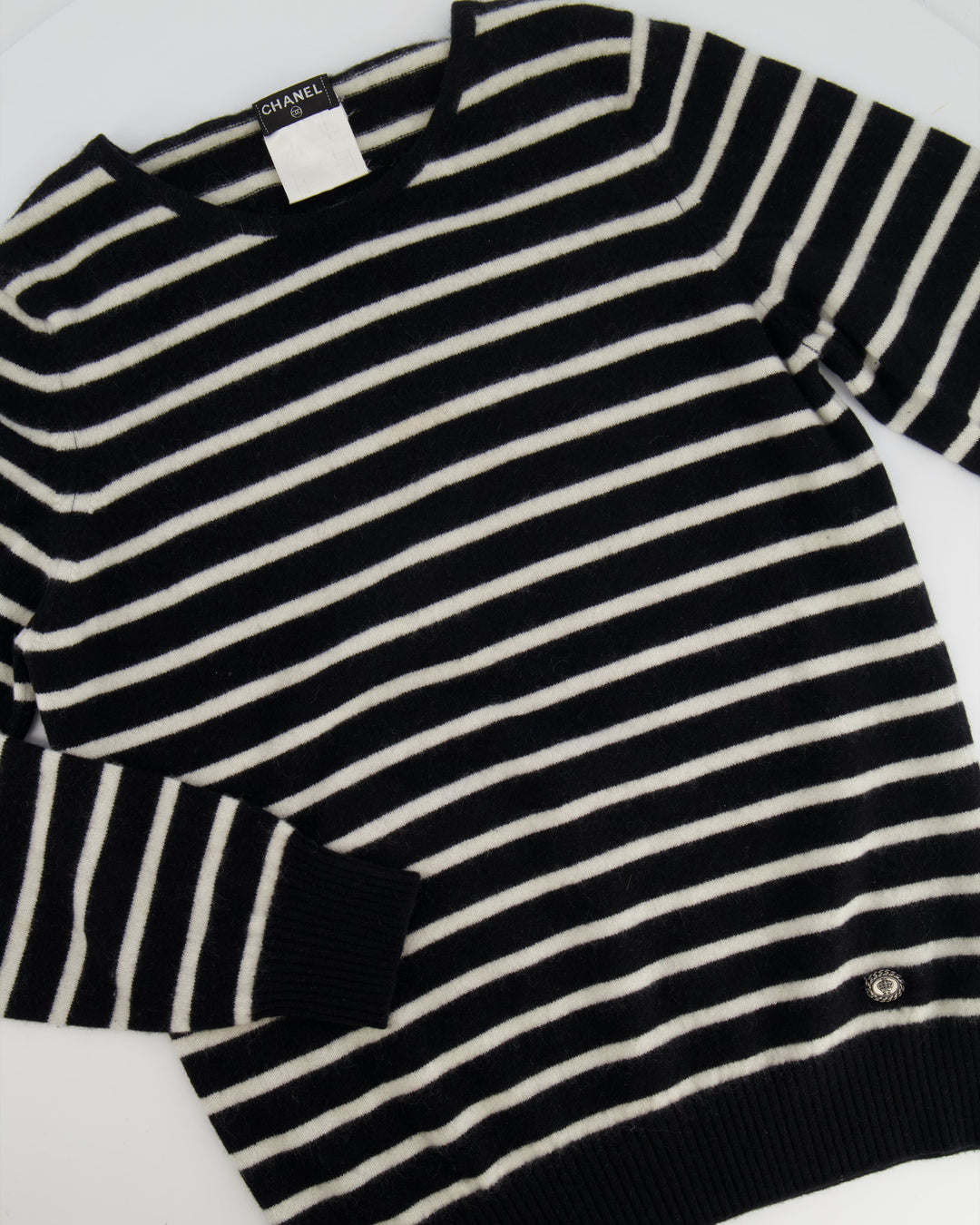Top Quality Chanel Black and White Striped Cashmere Jumper with Silver Detail Size FR 38 (UK 10)