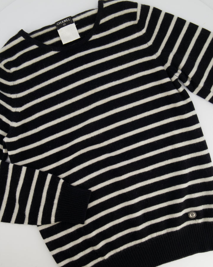 Top Quality Chanel Black and White Striped Cashmere Jumper with Silver Detail Size FR 38 (UK 10)