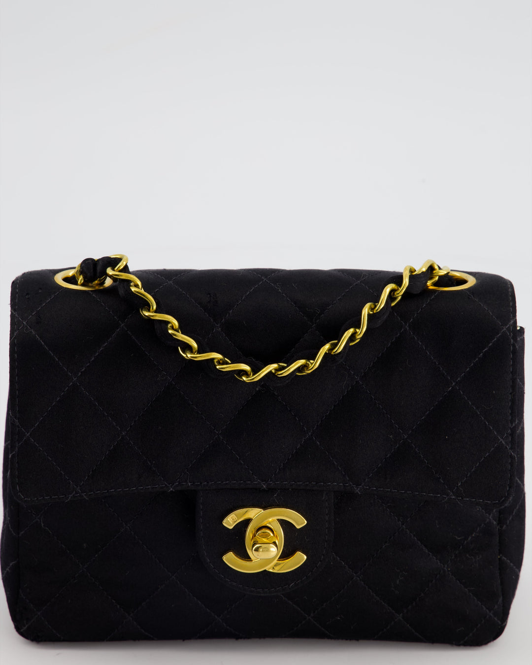*HOT* Top Quality Chanel Vintage Satin Black Mini Square Flap Bag with 24K Gold Hardware