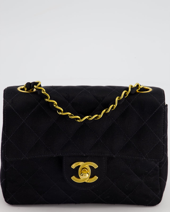 *HOT* Top Quality Chanel Vintage Satin Black Mini Square Flap Bag with 24K Gold Hardware