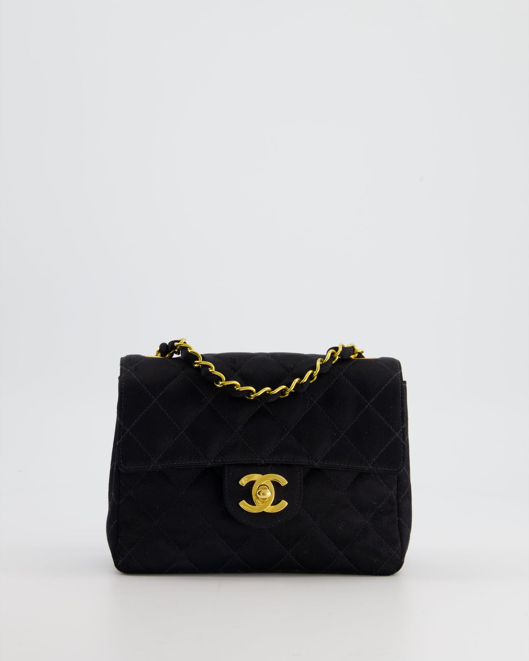 *HOT* Top Quality Chanel Vintage Satin Black Mini Square Flap Bag with 24K Gold Hardware