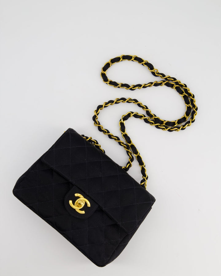 *HOT* Top Quality Chanel Vintage Satin Black Mini Square Flap Bag with 24K Gold Hardware