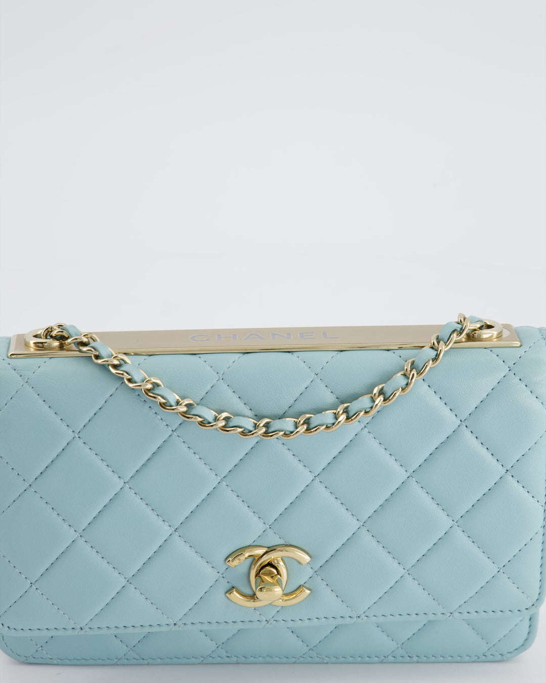 *HOT COLOUR* Top Quality Chanel Baby Blue Quilted Trendy Wallet on Chain Bag in Lambskin Leather with Champagne Gold Hardware