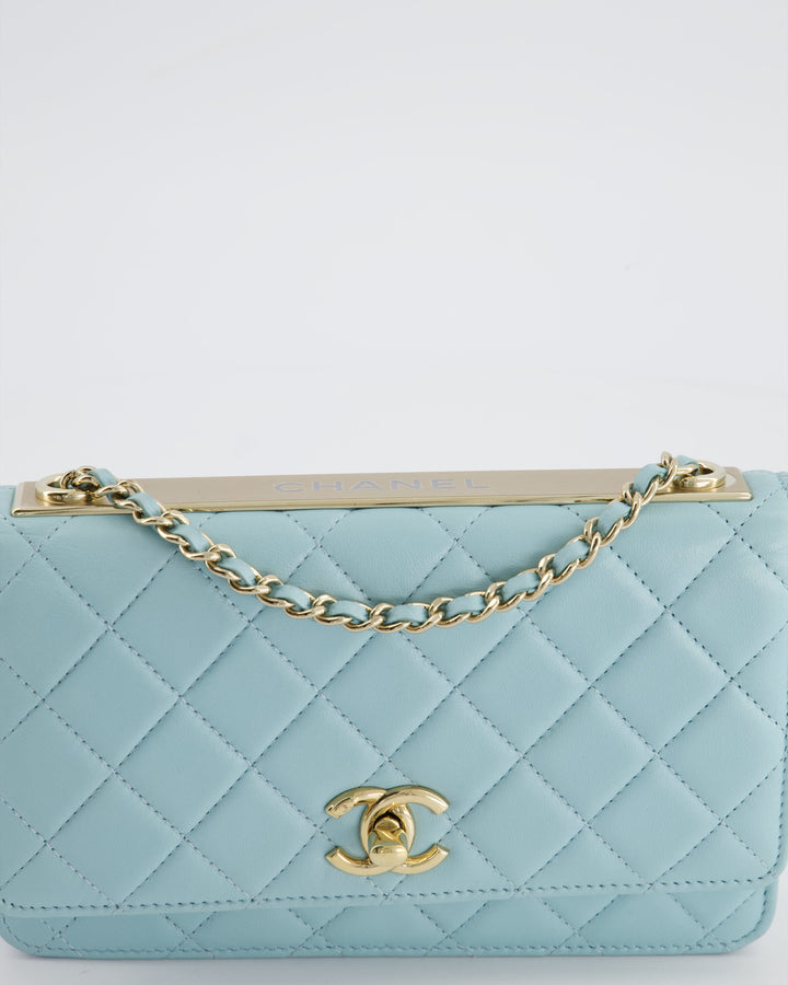 *HOT COLOUR* Top Quality Chanel Baby Blue Quilted Trendy Wallet on Chain Bag in Lambskin Leather with Champagne Gold Hardware