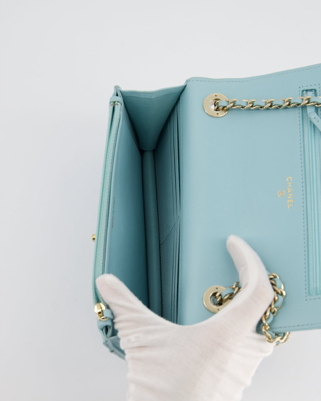 *HOT COLOUR* Top Quality Chanel Baby Blue Quilted Trendy Wallet on Chain Bag in Lambskin Leather with Champagne Gold Hardware