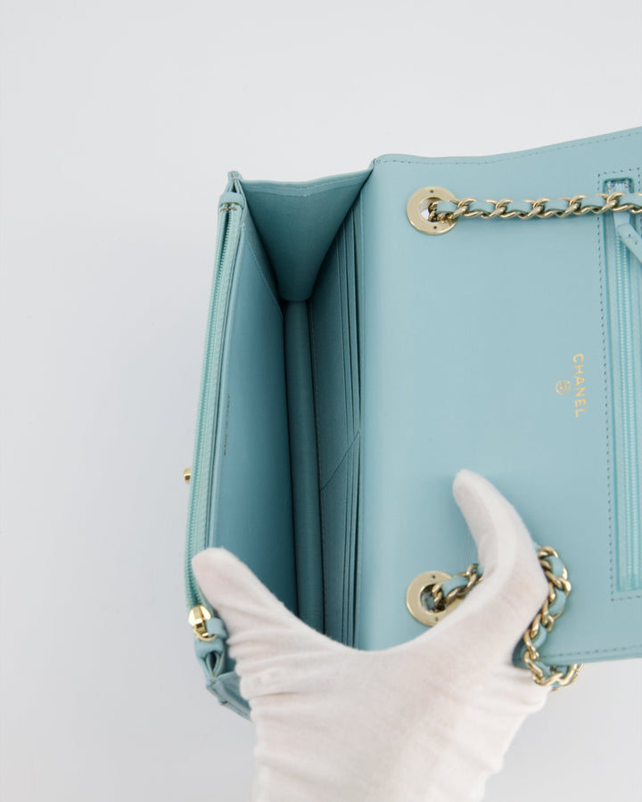 *HOT COLOUR* Top Quality Chanel Baby Blue Quilted Trendy Wallet on Chain Bag in Lambskin Leather with Champagne Gold Hardware