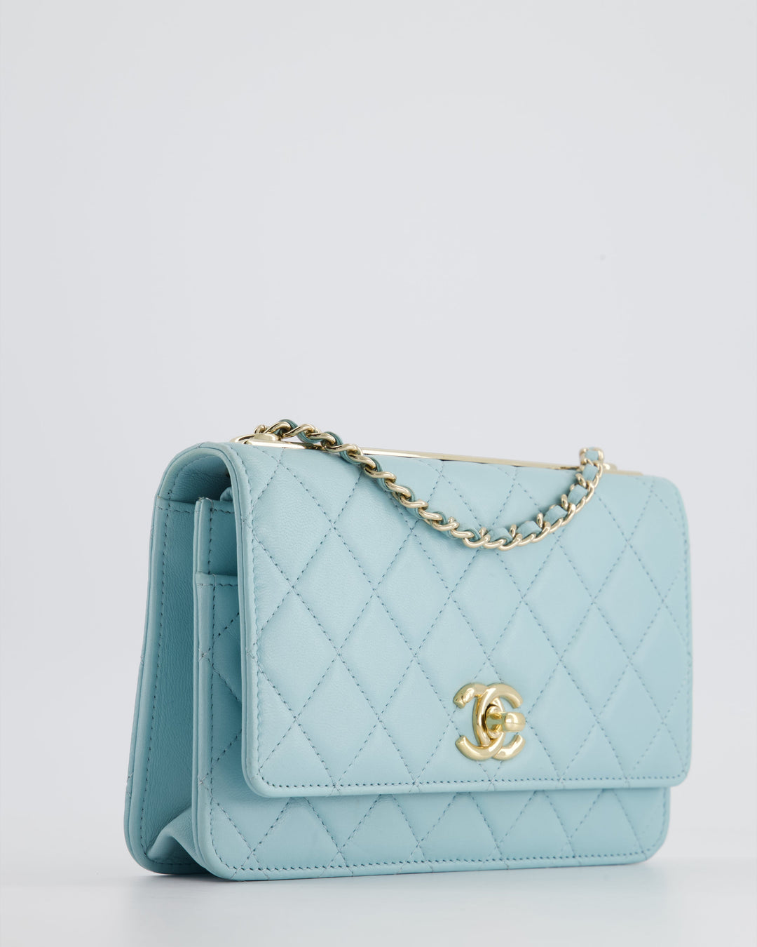 *HOT COLOUR* Top Quality Chanel Baby Blue Quilted Trendy Wallet on Chain Bag in Lambskin Leather with Champagne Gold Hardware