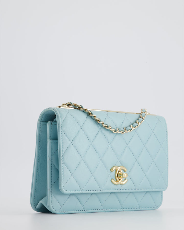 *HOT COLOUR* Top Quality Chanel Baby Blue Quilted Trendy Wallet on Chain Bag in Lambskin Leather with Champagne Gold Hardware