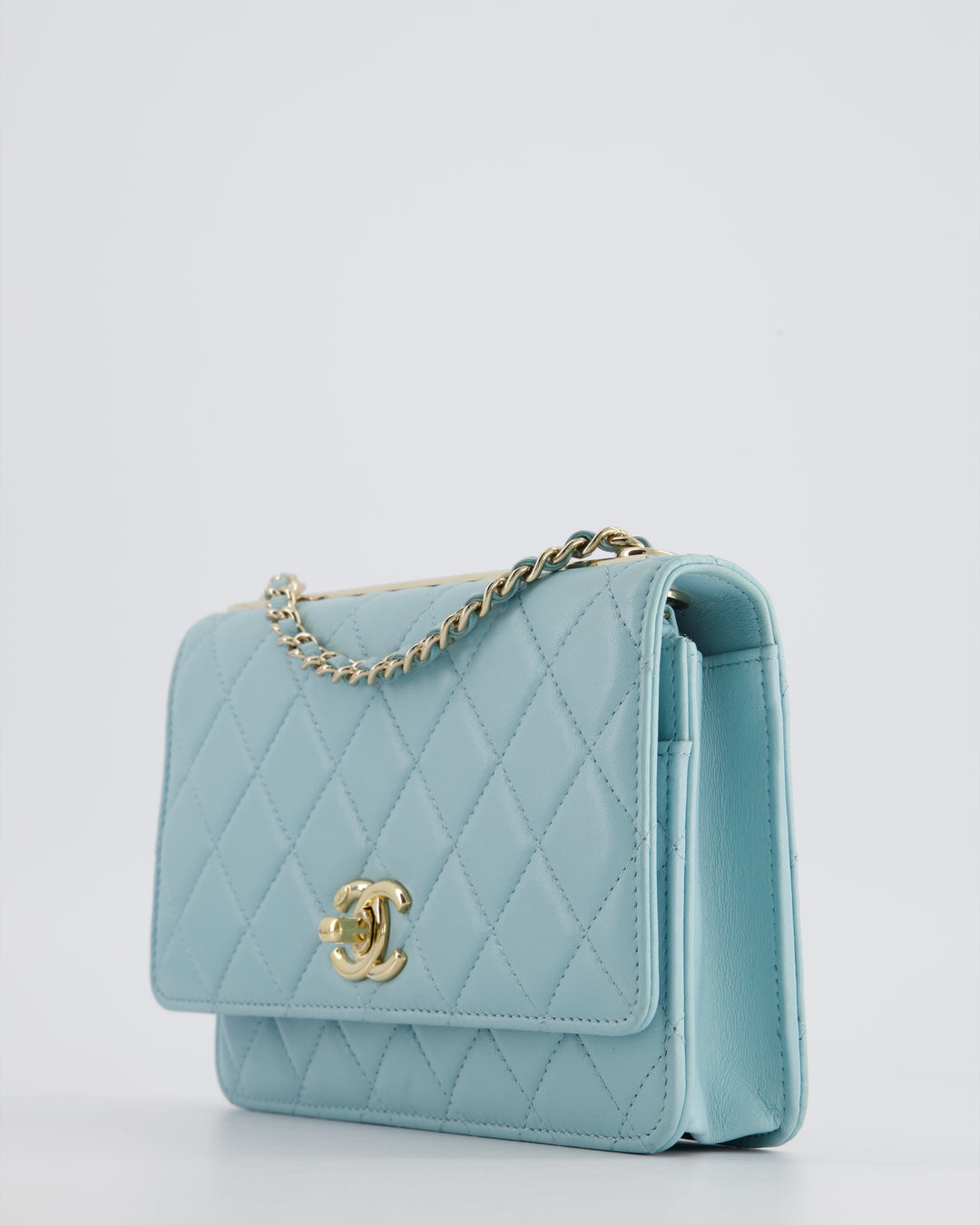 *HOT COLOUR* Top Quality Chanel Baby Blue Quilted Trendy Wallet on Chain Bag in Lambskin Leather with Champagne Gold Hardware