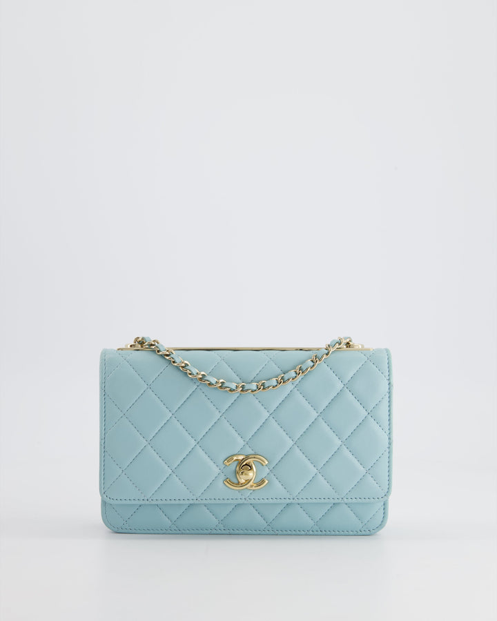 *HOT COLOUR* Top Quality Chanel Baby Blue Quilted Trendy Wallet on Chain Bag in Lambskin Leather with Champagne Gold Hardware