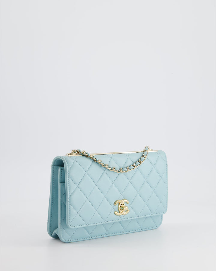 *HOT COLOUR* Top Quality Chanel Baby Blue Quilted Trendy Wallet on Chain Bag in Lambskin Leather with Champagne Gold Hardware