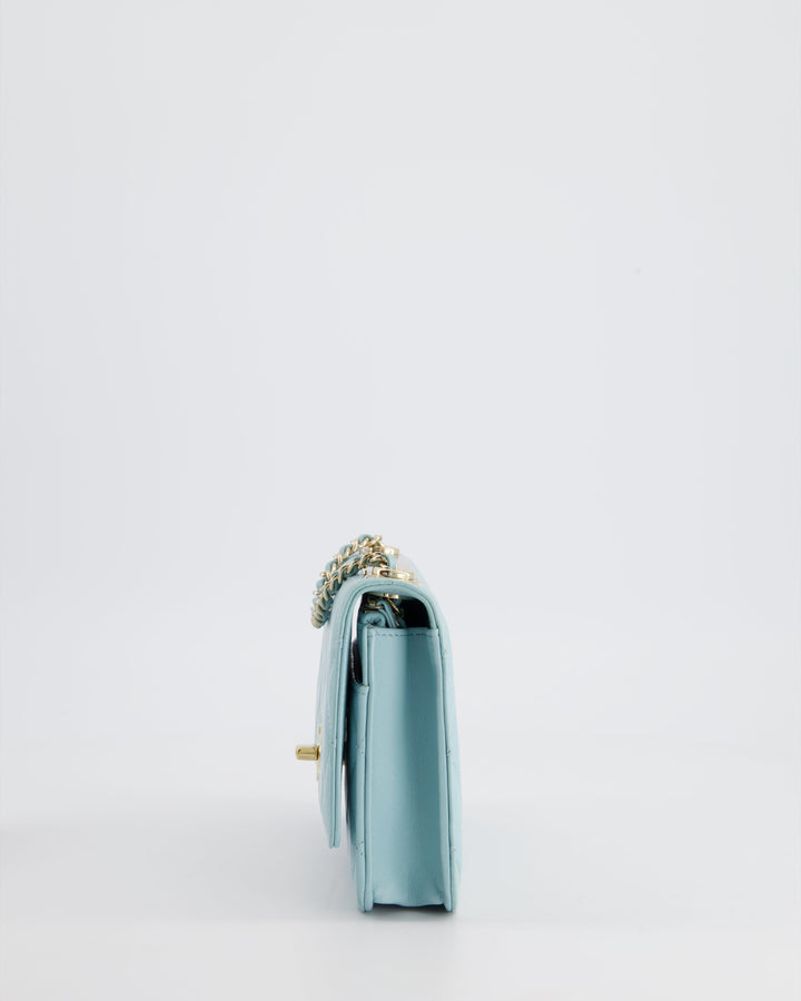 *HOT COLOUR* Top Quality Chanel Baby Blue Quilted Trendy Wallet on Chain Bag in Lambskin Leather with Champagne Gold Hardware