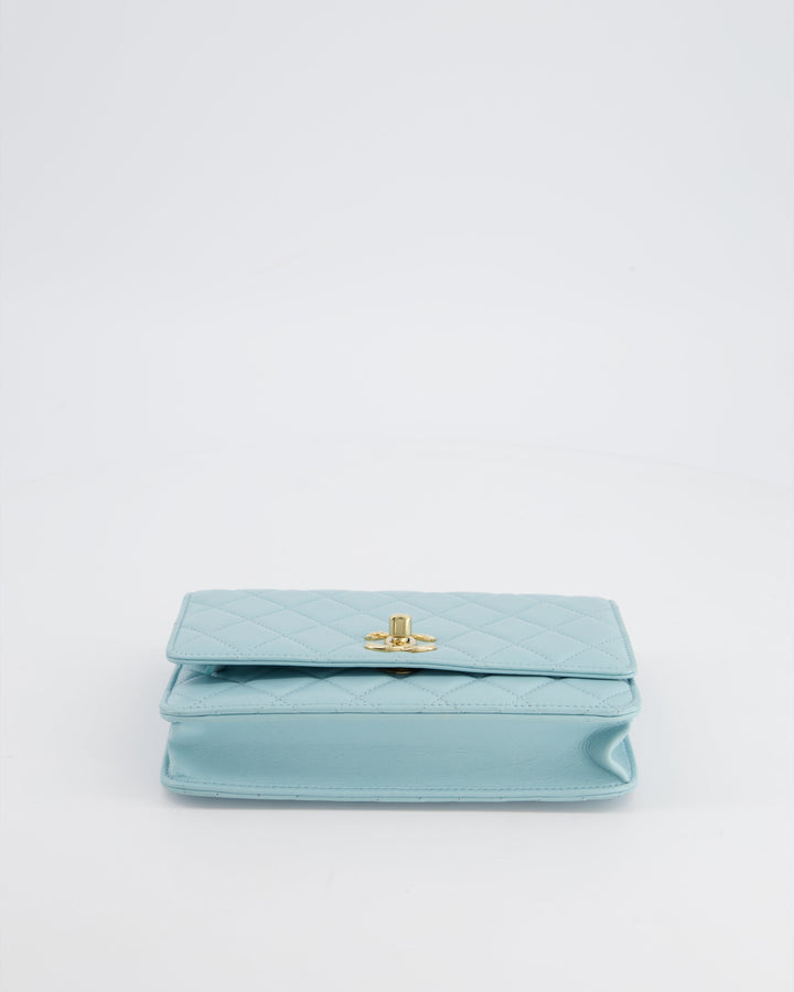 *HOT COLOUR* Top Quality Chanel Baby Blue Quilted Trendy Wallet on Chain Bag in Lambskin Leather with Champagne Gold Hardware