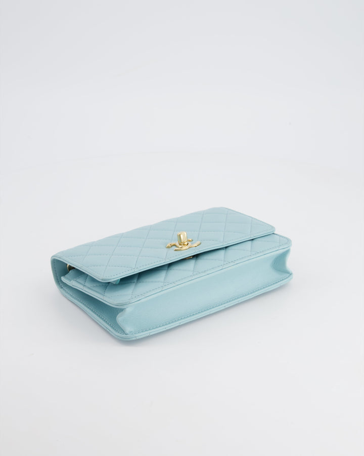 *HOT COLOUR* Top Quality Chanel Baby Blue Quilted Trendy Wallet on Chain Bag in Lambskin Leather with Champagne Gold Hardware