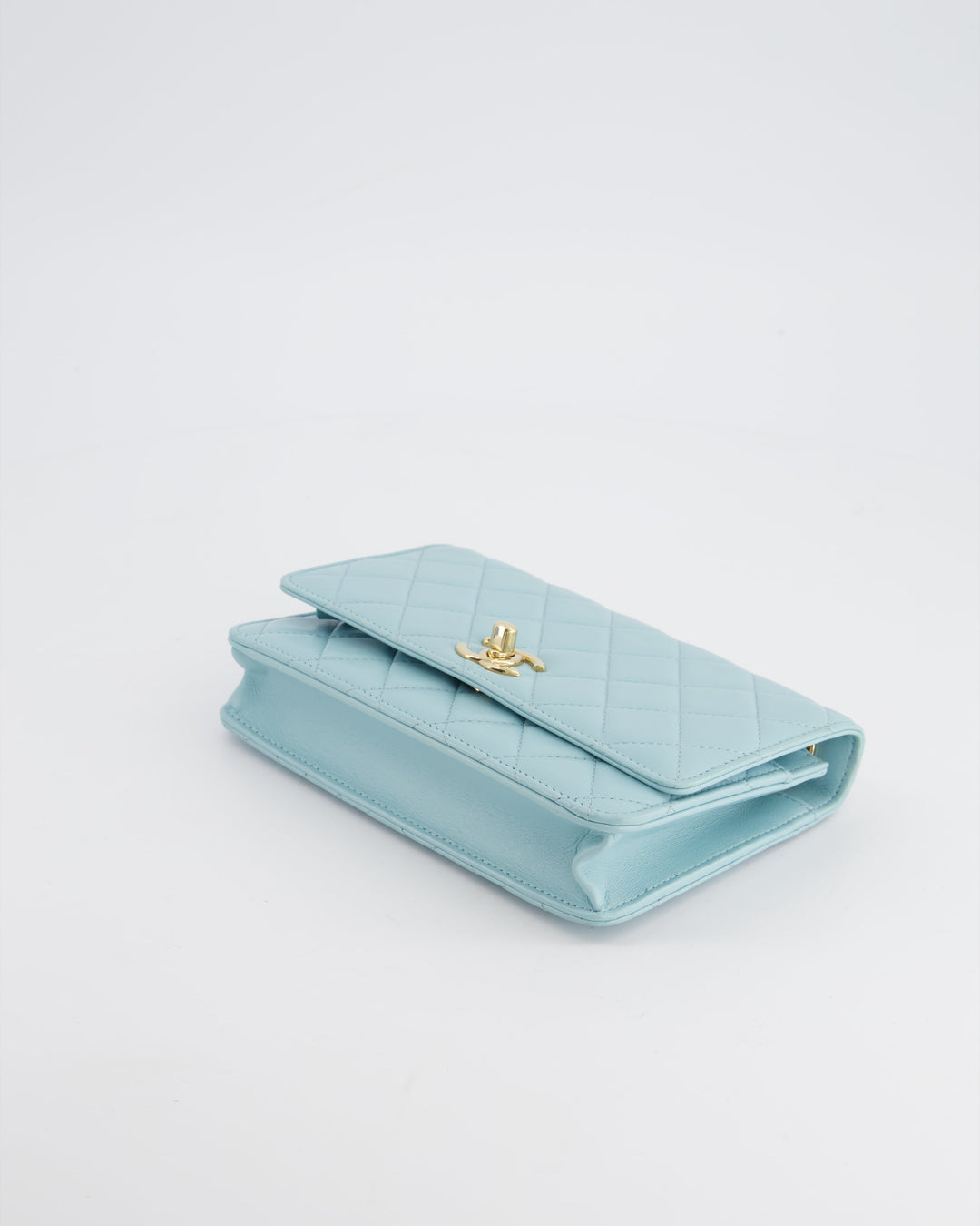*HOT COLOUR* Top Quality Chanel Baby Blue Quilted Trendy Wallet on Chain Bag in Lambskin Leather with Champagne Gold Hardware