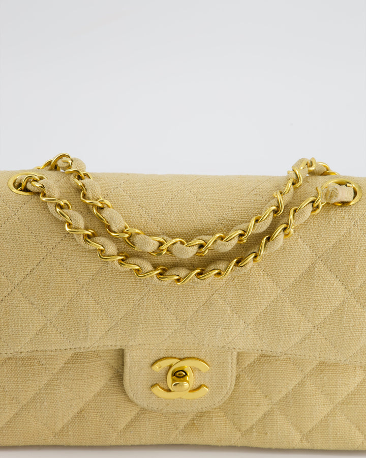 *HOT VINTAGE* Top Quality Chanel Beige Small Fabric Classic Double Flap Bag with 24K Gold Hardware