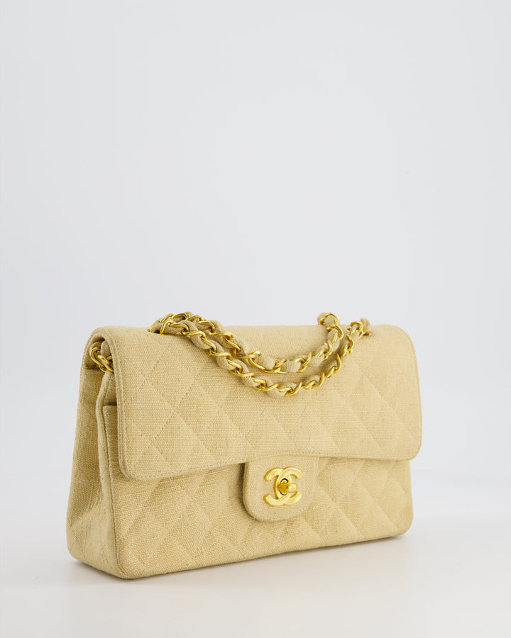 *HOT VINTAGE* Top Quality Chanel Beige Small Fabric Classic Double Flap Bag with 24K Gold Hardware