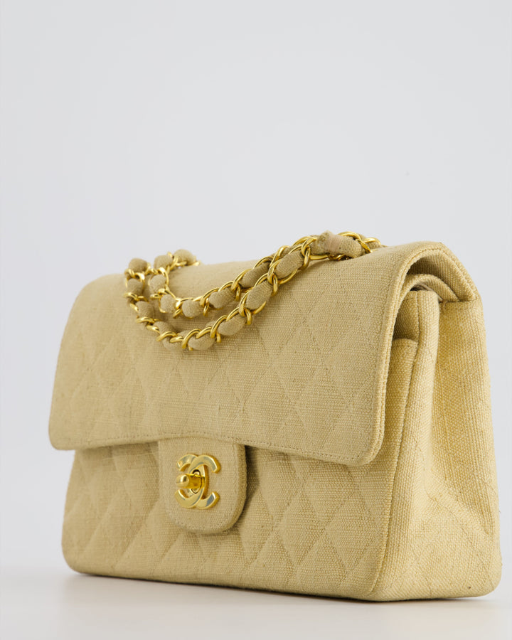 *HOT VINTAGE* Top Quality Chanel Beige Small Fabric Classic Double Flap Bag with 24K Gold Hardware