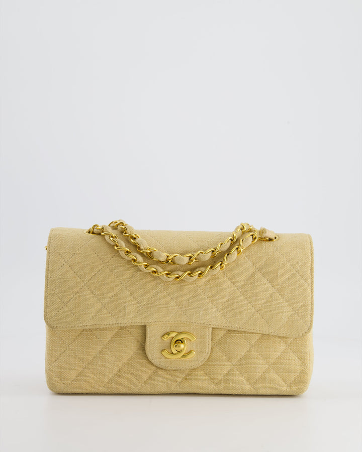 *HOT VINTAGE* Top Quality Chanel Beige Small Fabric Classic Double Flap Bag with 24K Gold Hardware