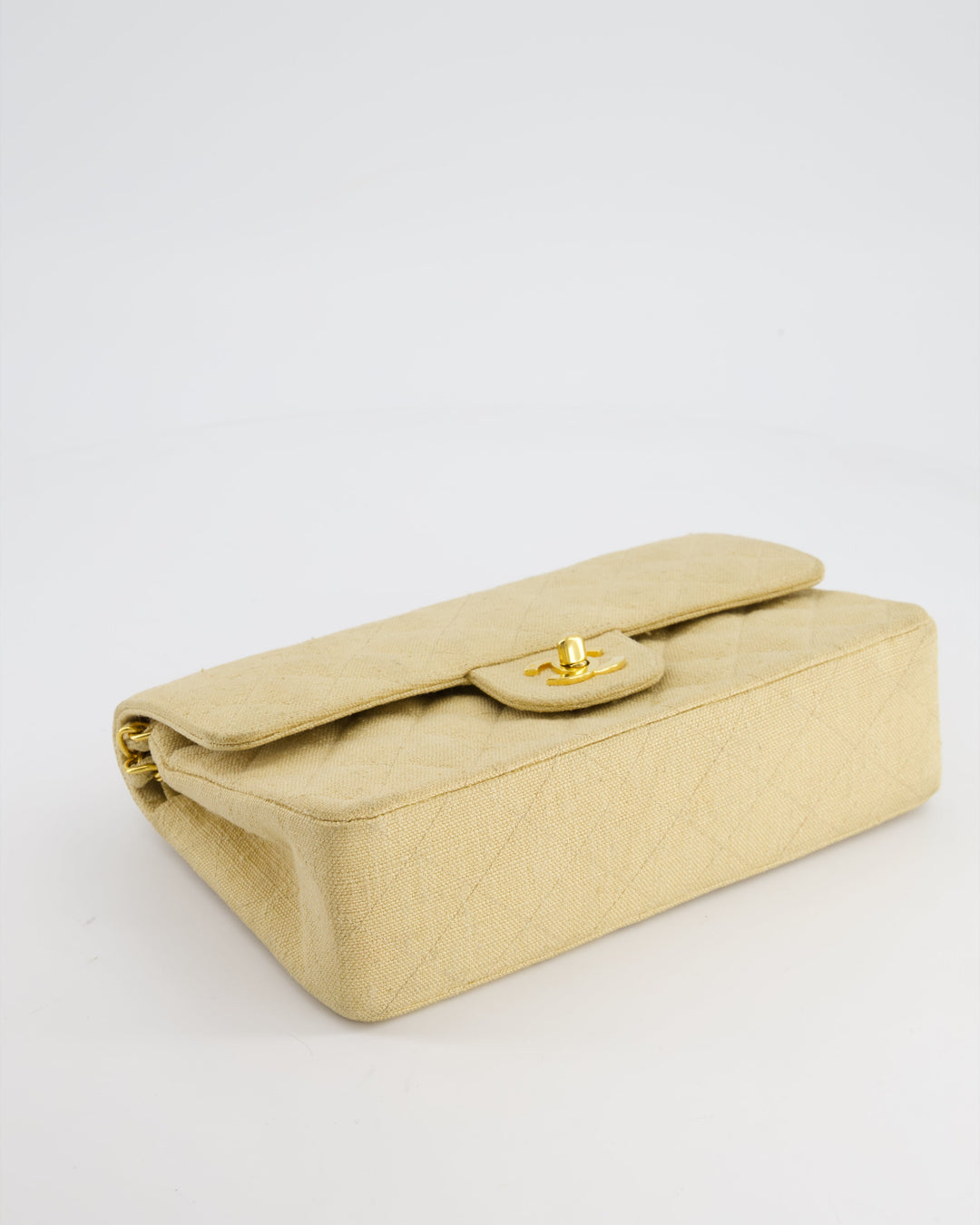 *HOT VINTAGE* Top Quality Chanel Beige Small Fabric Classic Double Flap Bag with 24K Gold Hardware