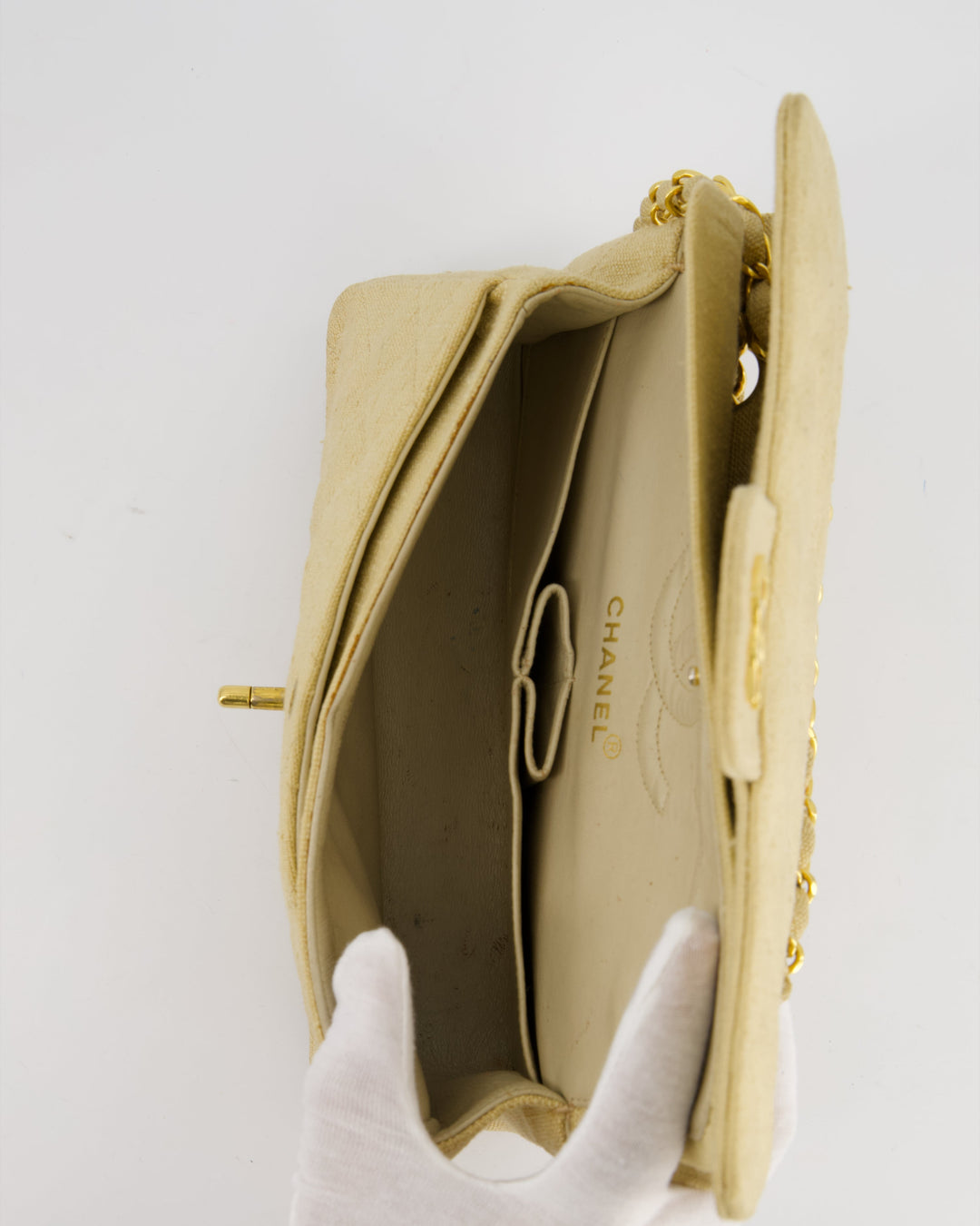 *HOT VINTAGE* Top Quality Chanel Beige Small Fabric Classic Double Flap Bag with 24K Gold Hardware