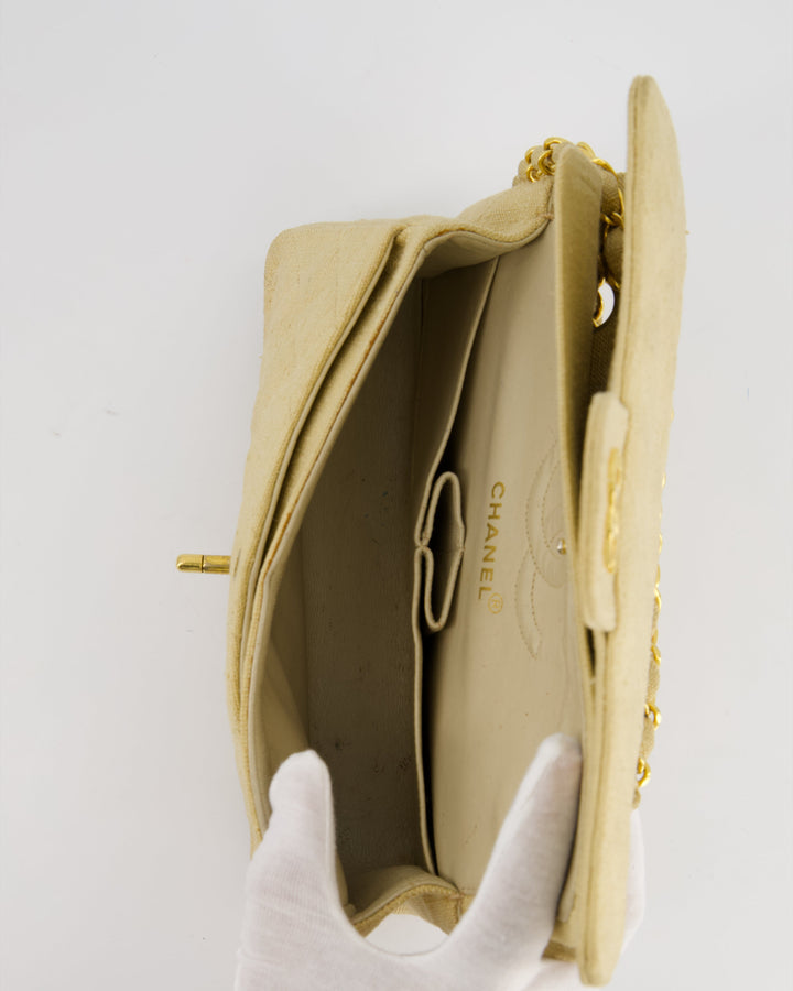 *HOT VINTAGE* Top Quality Chanel Beige Small Fabric Classic Double Flap Bag with 24K Gold Hardware