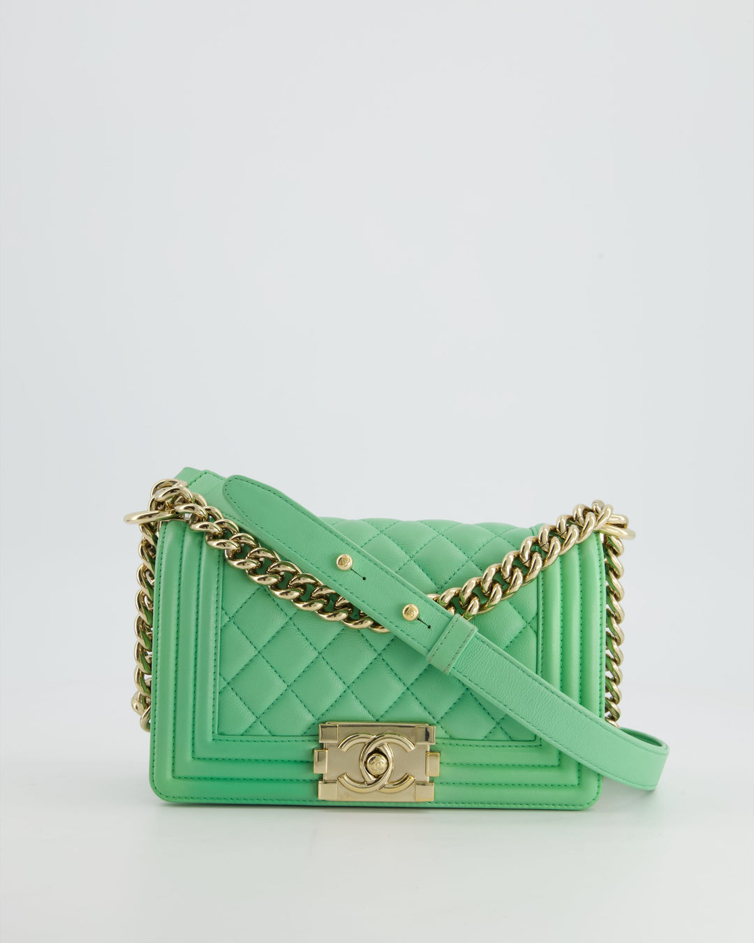 *HOT* Top Quality Chanel Mint Green Small Boy Bag in Shiny Calfskin Leather with Champagne Gold Hardware