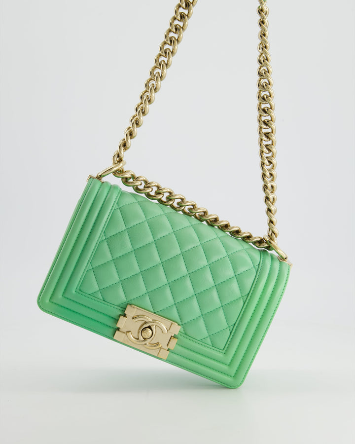 *HOT* Top Quality Chanel Mint Green Small Boy Bag in Shiny Calfskin Leather with Champagne Gold Hardware