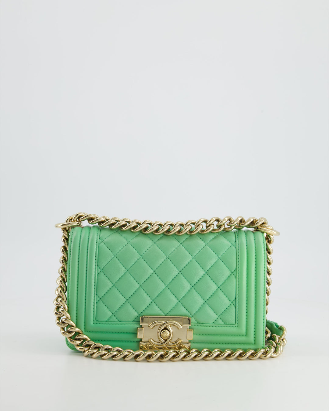 *HOT* Top Quality Chanel Mint Green Small Boy Bag in Shiny Calfskin Leather with Champagne Gold Hardware