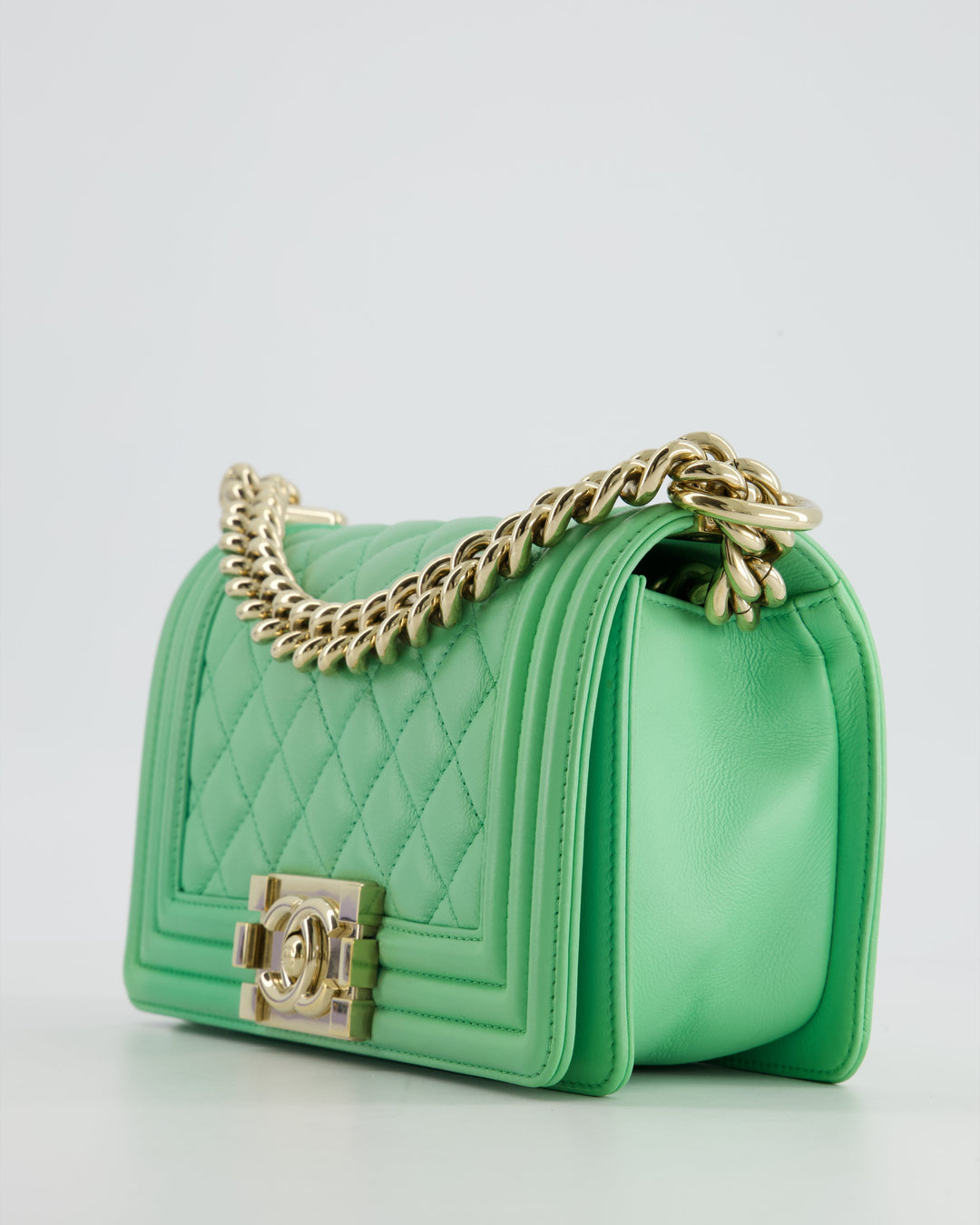 *HOT* Top Quality Chanel Mint Green Small Boy Bag in Shiny Calfskin Leather with Champagne Gold Hardware