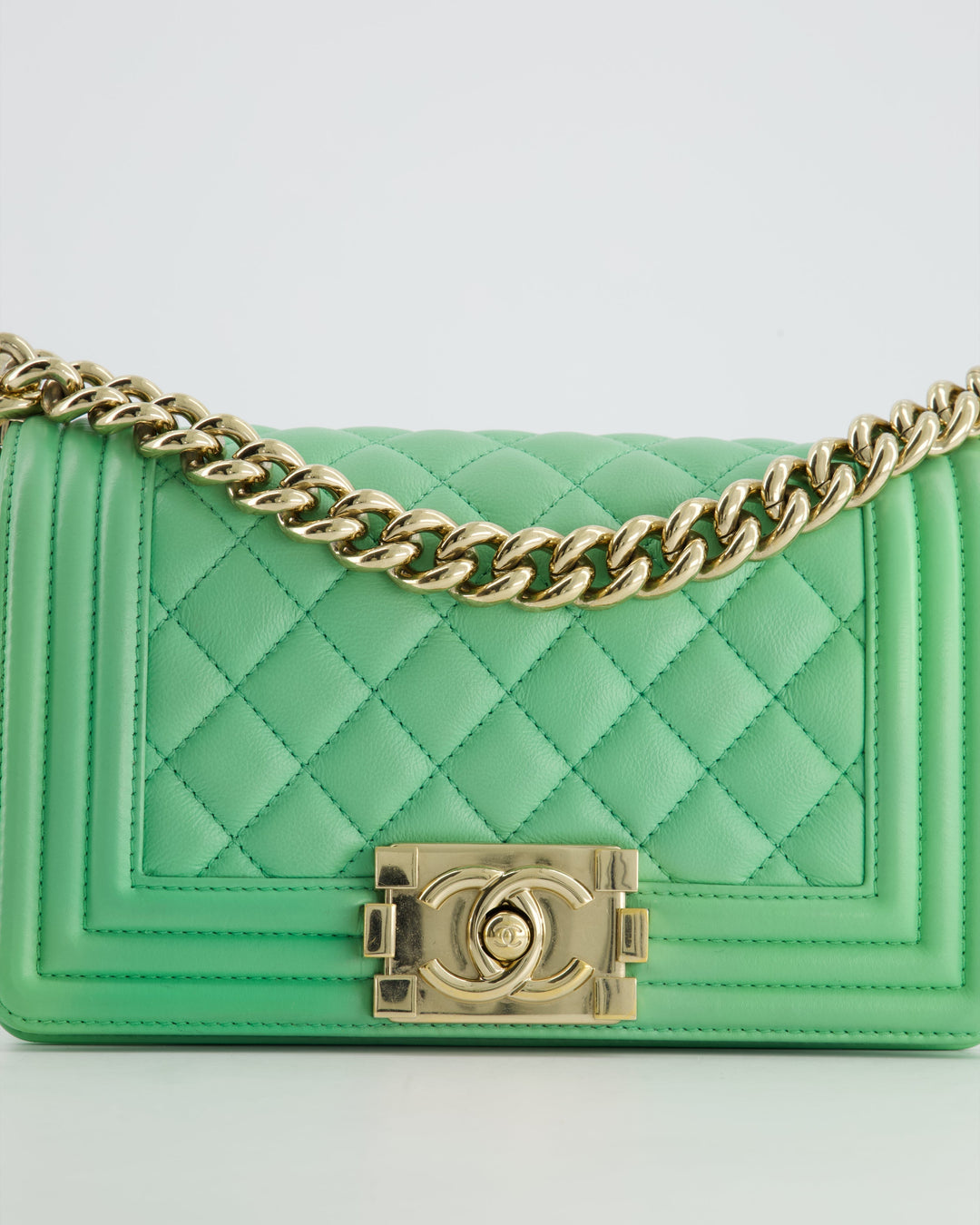 *HOT* Top Quality Chanel Mint Green Small Boy Bag in Shiny Calfskin Leather with Champagne Gold Hardware
