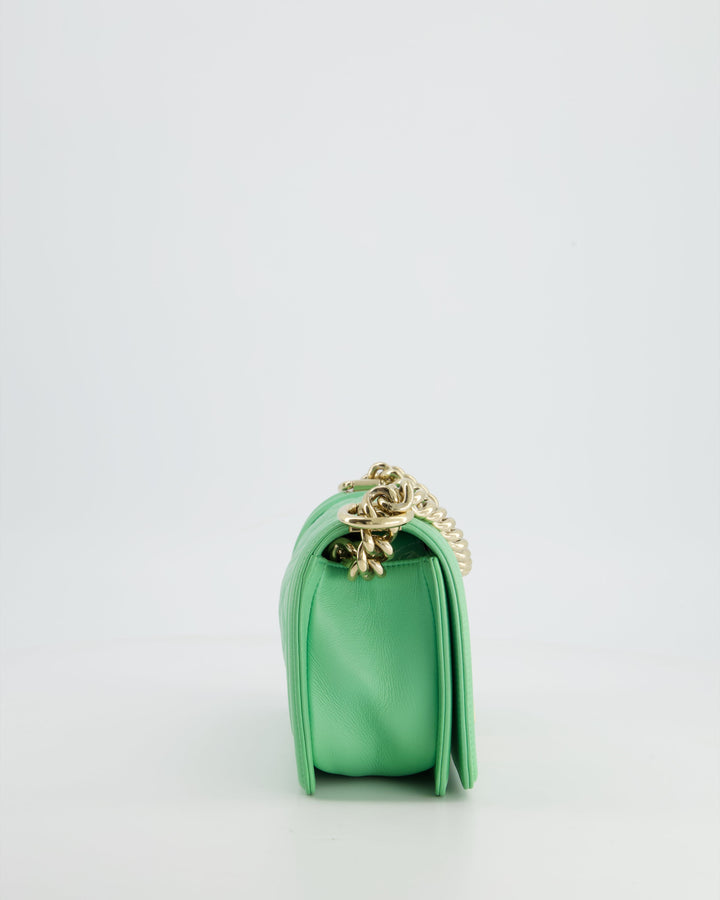 *HOT* Top Quality Chanel Mint Green Small Boy Bag in Shiny Calfskin Leather with Champagne Gold Hardware