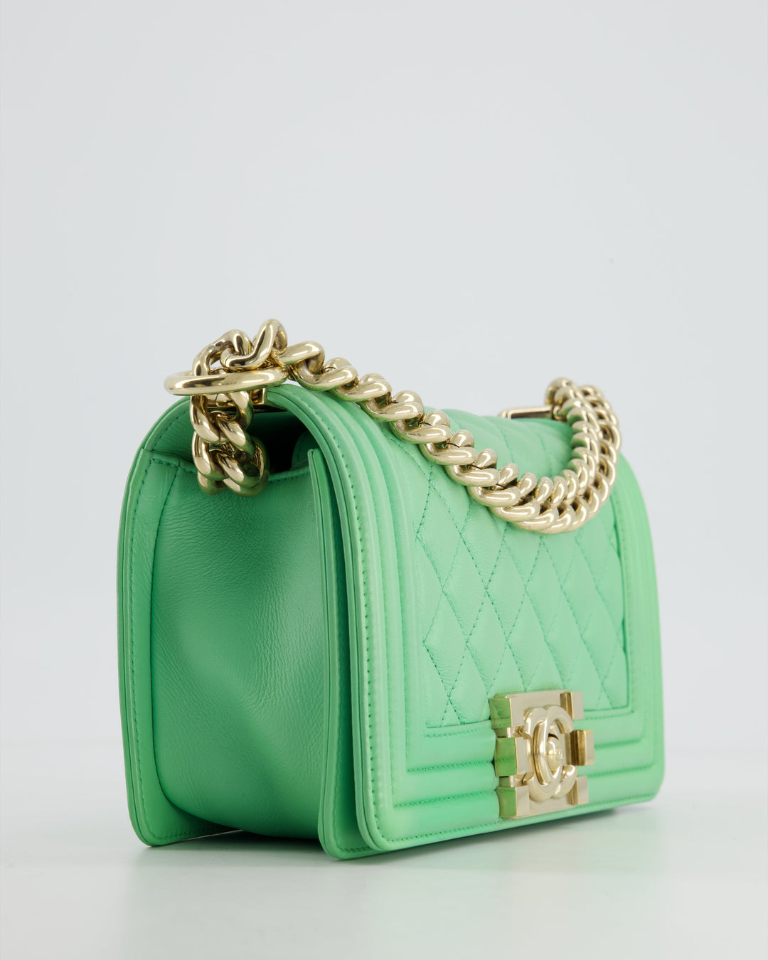 *HOT* Top Quality Chanel Mint Green Small Boy Bag in Shiny Calfskin Leather with Champagne Gold Hardware