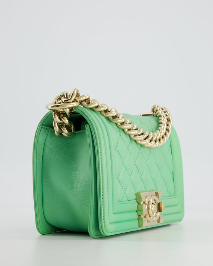 *HOT* Top Quality Chanel Mint Green Small Boy Bag in Shiny Calfskin Leather with Champagne Gold Hardware