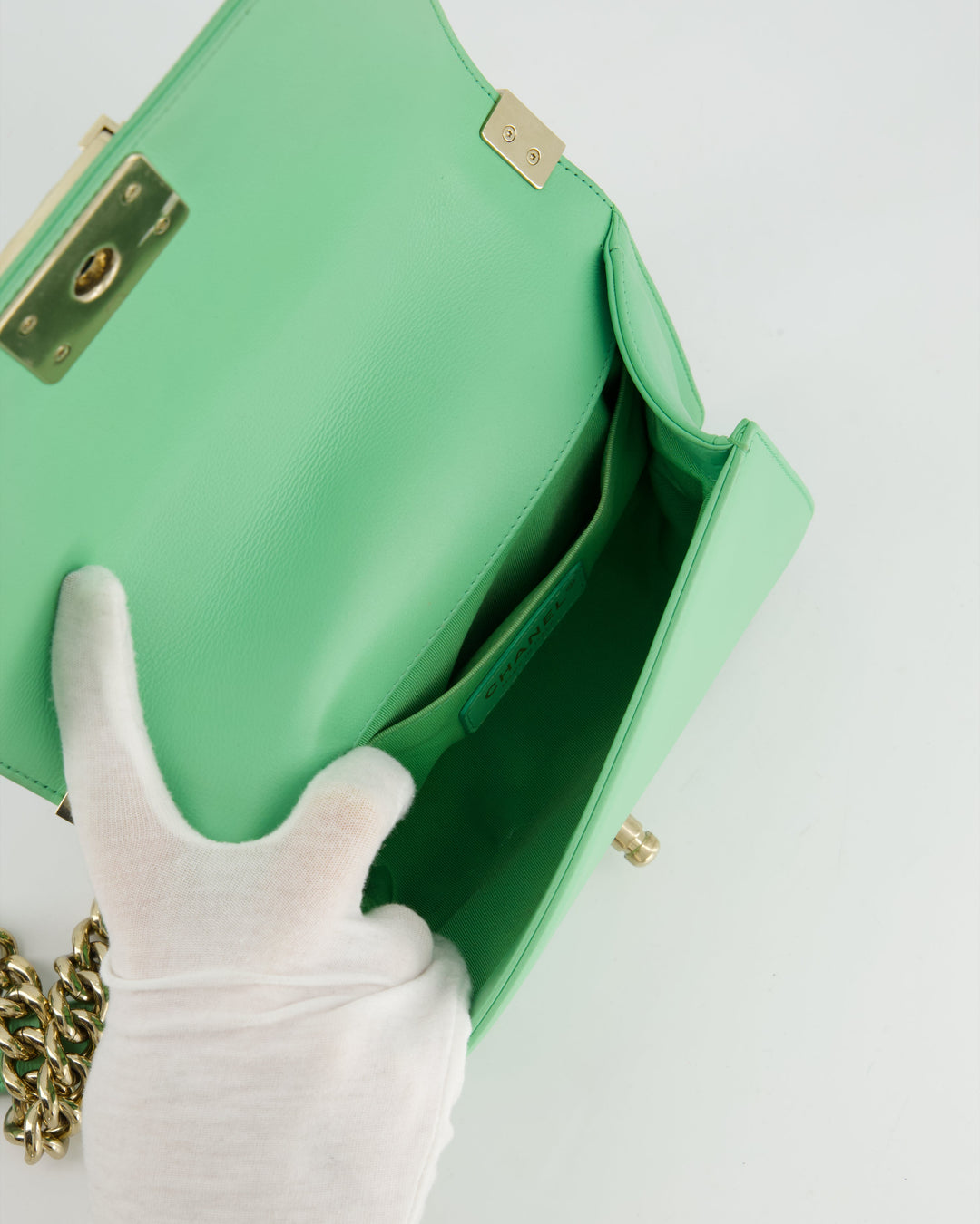*HOT* Top Quality Chanel Mint Green Small Boy Bag in Shiny Calfskin Leather with Champagne Gold Hardware