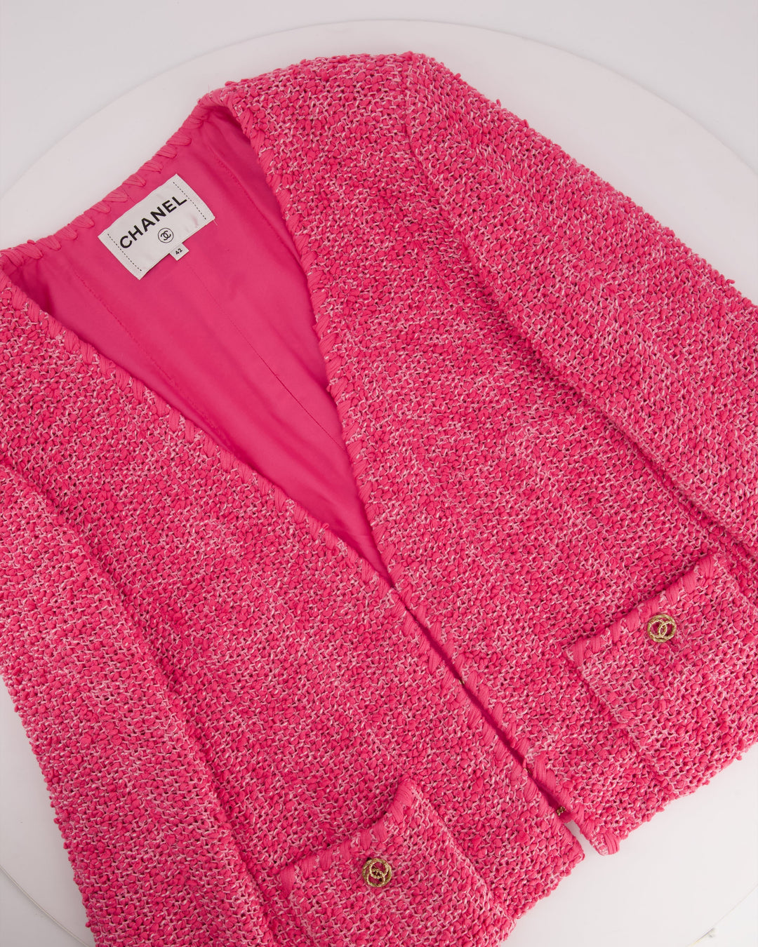 *HOT* Top Quality Chanel 21C Pink Tweed Jacket and Skirt Set with CC Logo Buttons Size FR 42 (UK 14)
