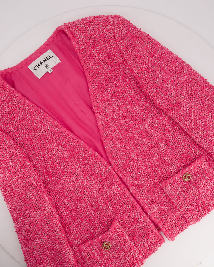 *HOT* Top Quality Chanel 21C Pink Tweed Jacket and Skirt Set with CC Logo Buttons Size FR 42 (UK 14)