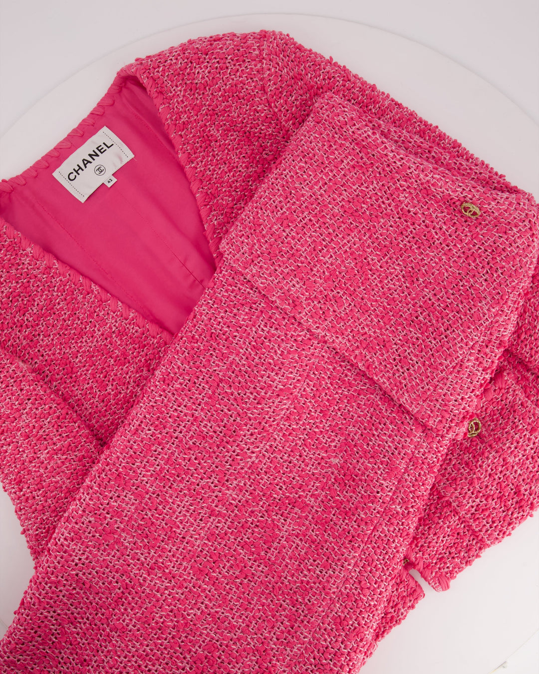 *HOT* Top Quality Chanel 21C Pink Tweed Jacket and Skirt Set with CC Logo Buttons Size FR 42 (UK 14)