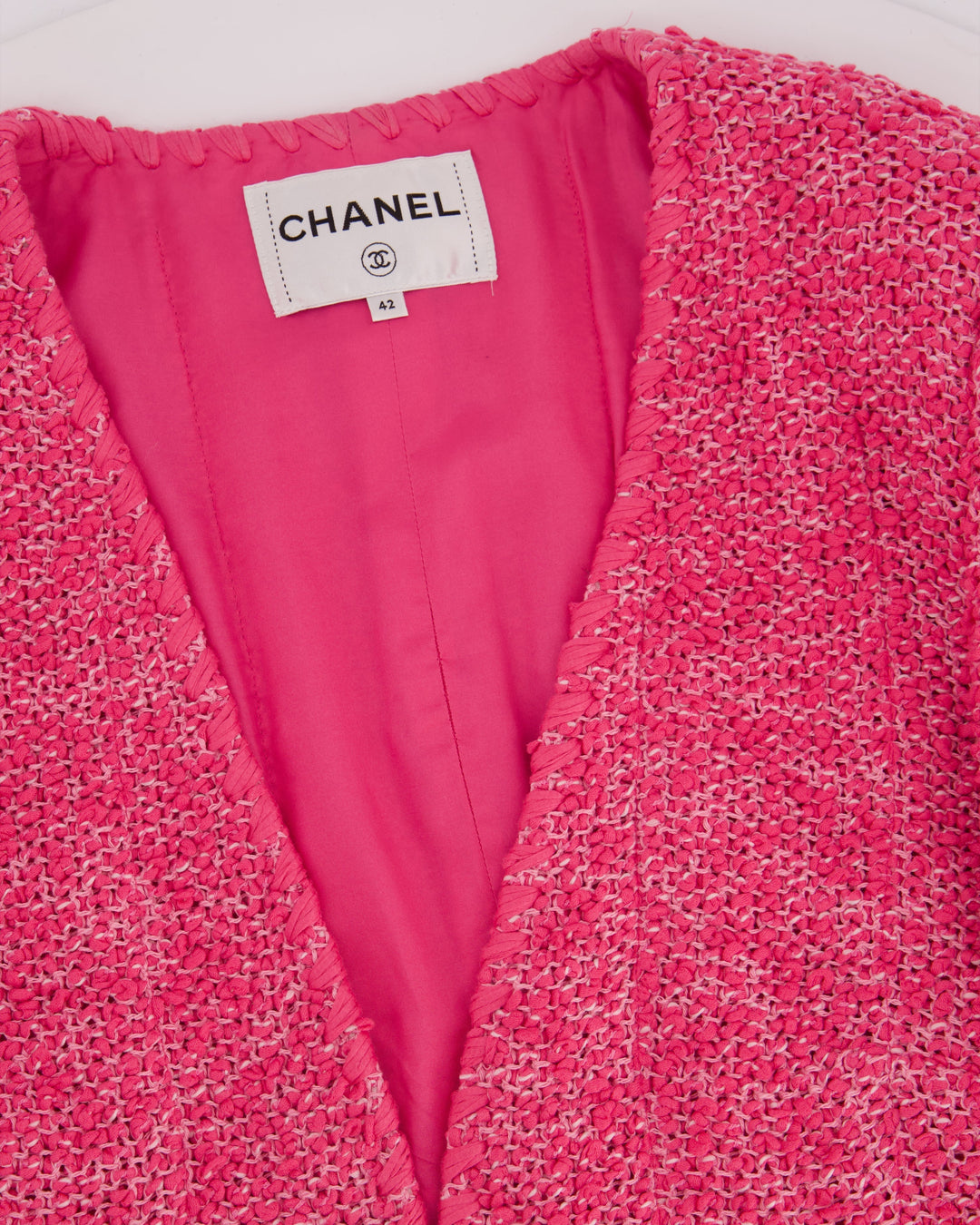 *HOT* Top Quality Chanel 21C Pink Tweed Jacket and Skirt Set with CC Logo Buttons Size FR 42 (UK 14)