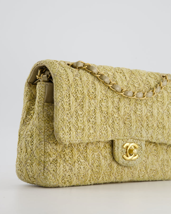 *SUPER HOT* Top Quality Chanel Beige Raffia Medium Classic Double Flap Bag with Brushed Gold Hardware and Gold Leather Interior