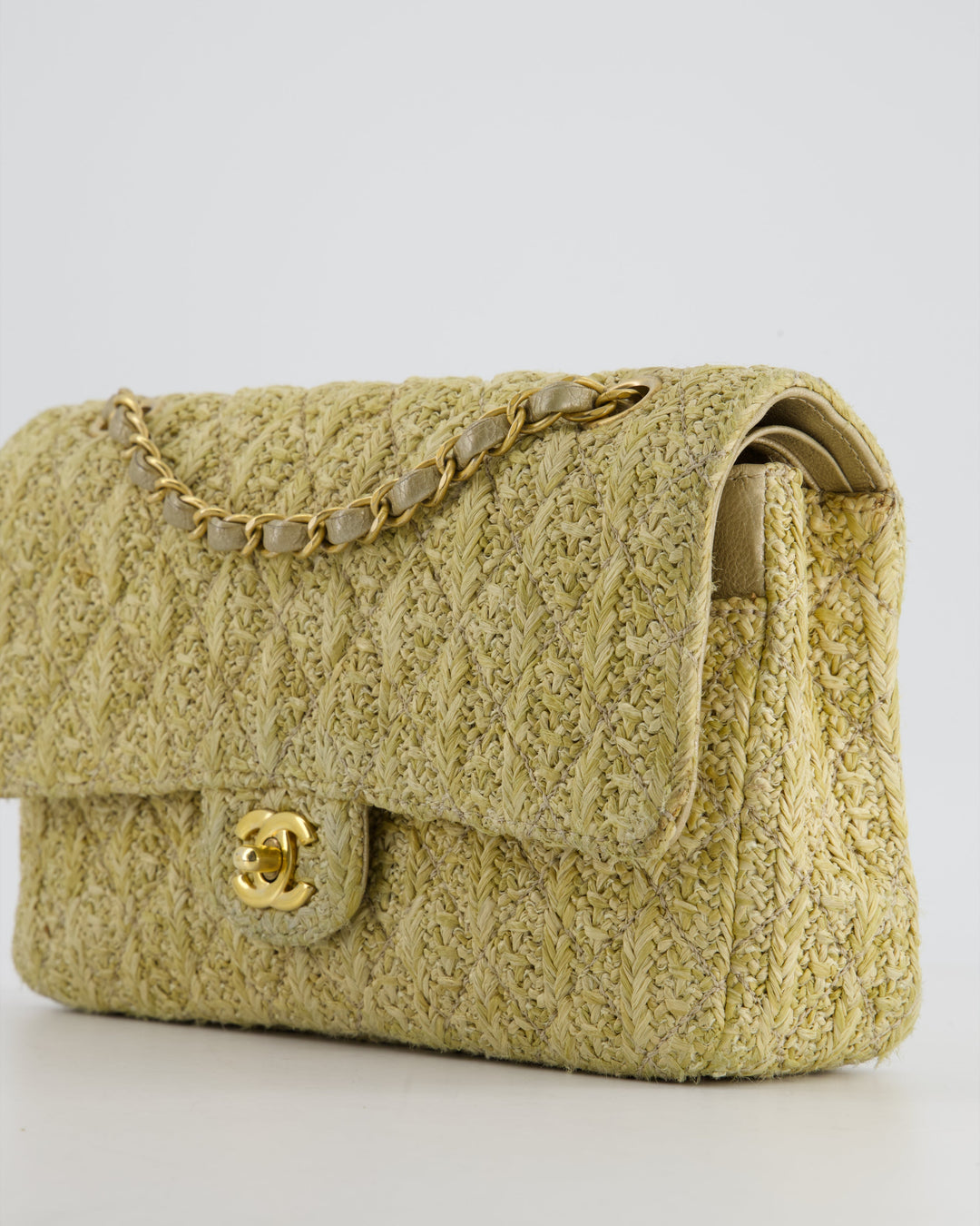 *SUPER HOT* Top Quality Chanel Beige Raffia Medium Classic Double Flap Bag with Brushed Gold Hardware and Gold Leather Interior