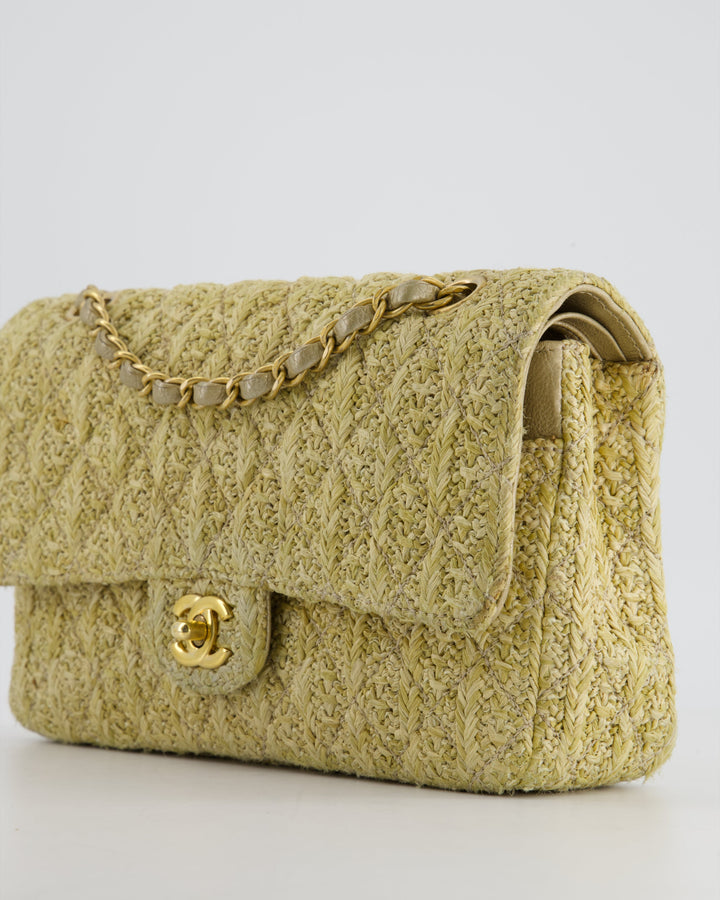 *SUPER HOT* Top Quality Chanel Beige Raffia Medium Classic Double Flap Bag with Brushed Gold Hardware and Gold Leather Interior