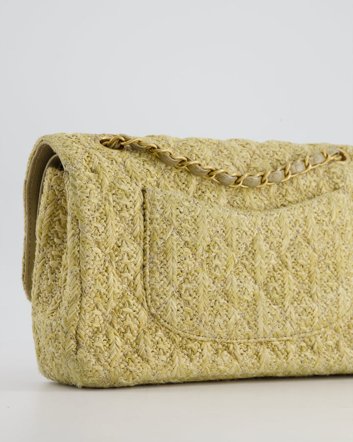 *SUPER HOT* Top Quality Chanel Beige Raffia Medium Classic Double Flap Bag with Brushed Gold Hardware and Gold Leather Interior