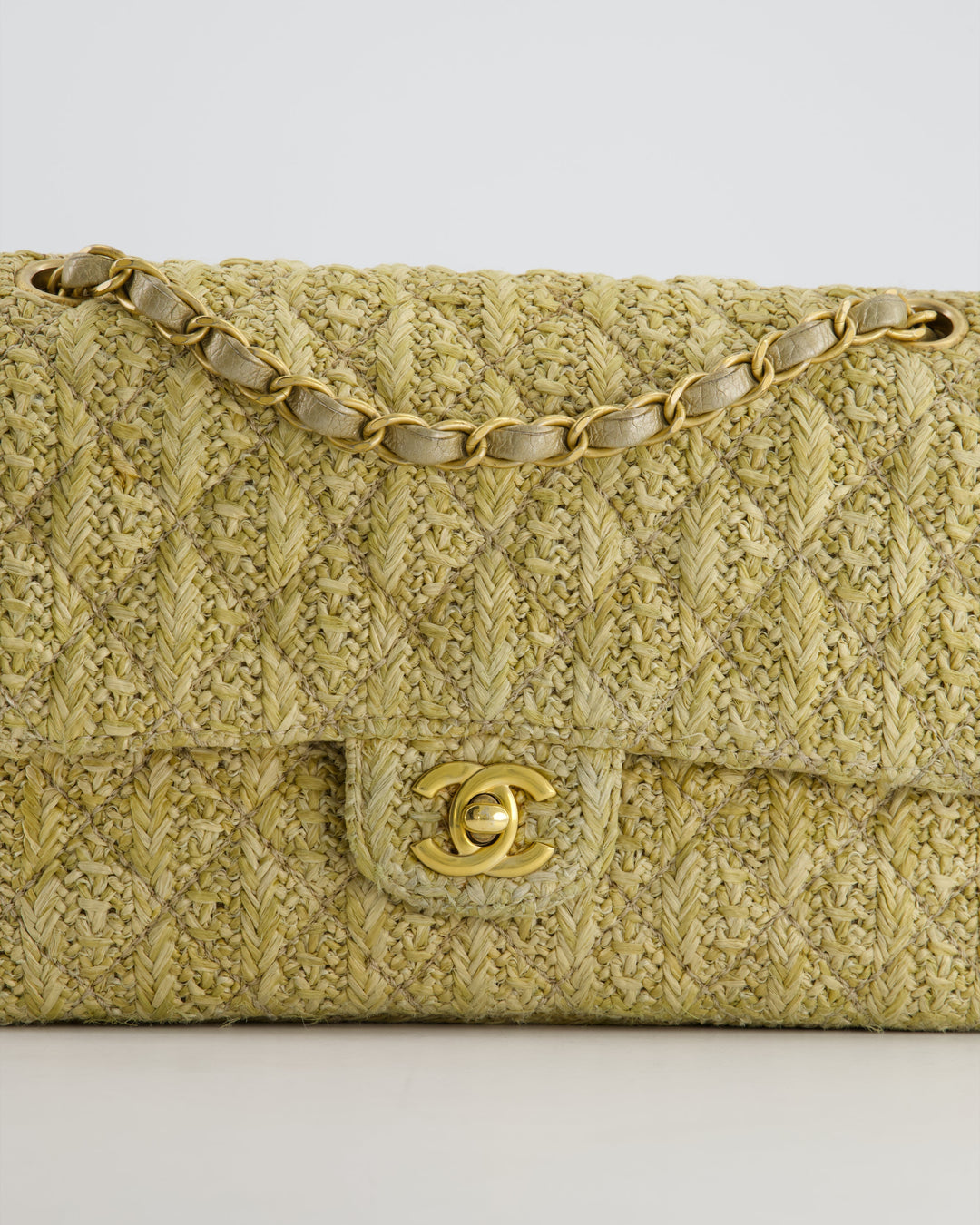 *SUPER HOT* Top Quality Chanel Beige Raffia Medium Classic Double Flap Bag with Brushed Gold Hardware and Gold Leather Interior