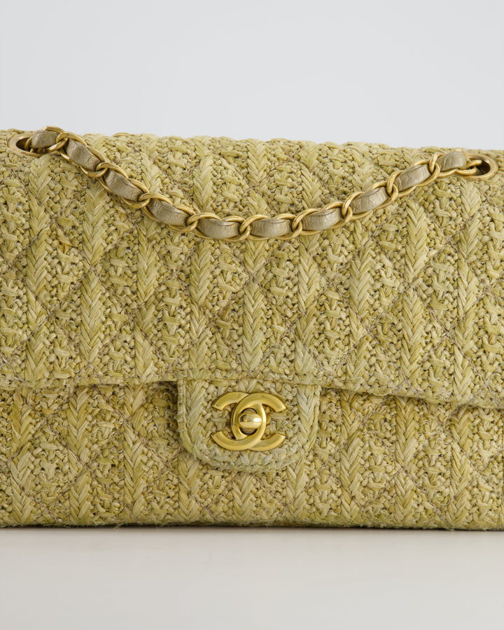 *SUPER HOT* Top Quality Chanel Beige Raffia Medium Classic Double Flap Bag with Brushed Gold Hardware and Gold Leather Interior