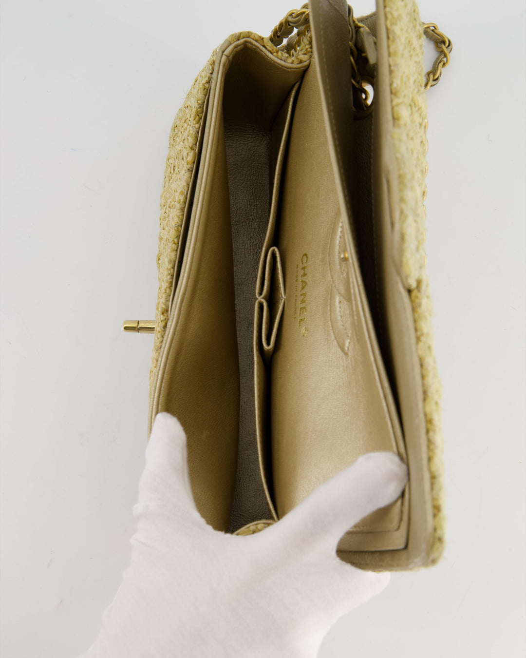 *SUPER HOT* Top Quality Chanel Beige Raffia Medium Classic Double Flap Bag with Brushed Gold Hardware and Gold Leather Interior
