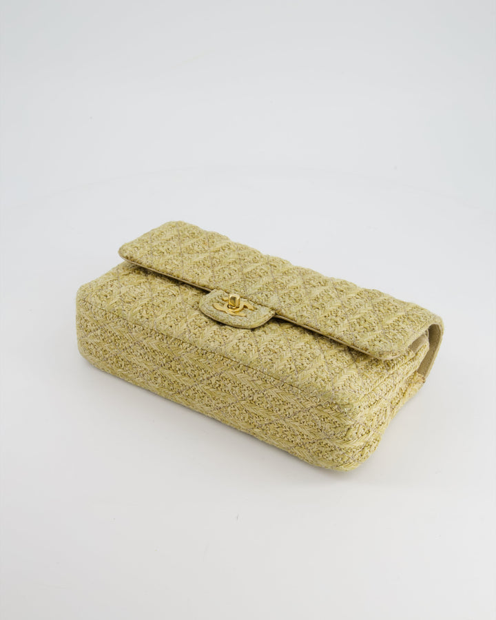 *SUPER HOT* Top Quality Chanel Beige Raffia Medium Classic Double Flap Bag with Brushed Gold Hardware and Gold Leather Interior
