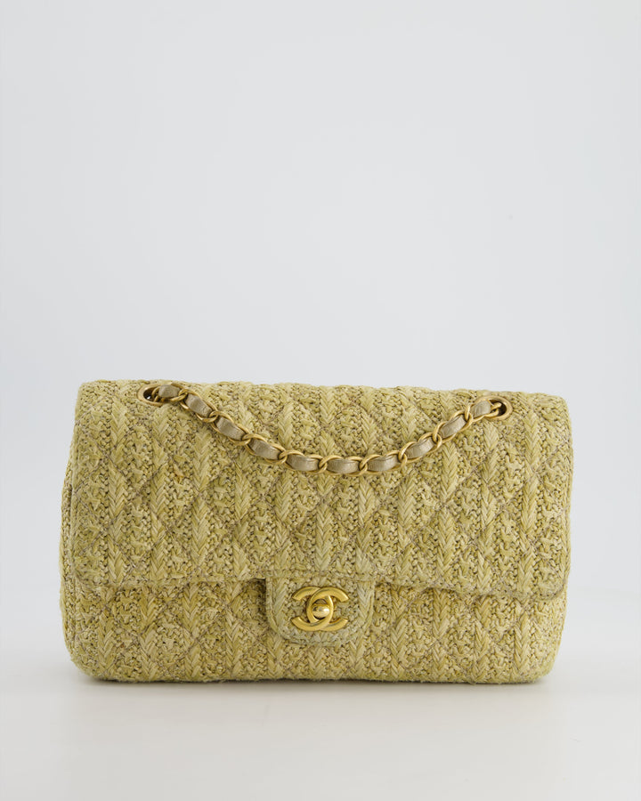 *SUPER HOT* Top Quality Chanel Beige Raffia Medium Classic Double Flap Bag with Brushed Gold Hardware and Gold Leather Interior